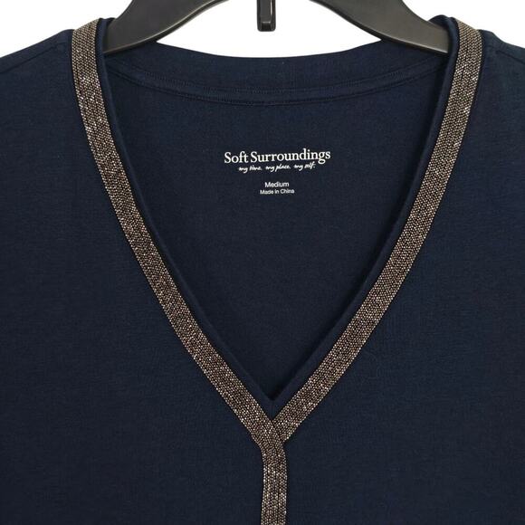 Soft Surroundings Beaded Tunic Top Size Medium Navy Blue Stretch Layered Chiffon - Picture 3 of 8